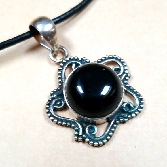Vintage Onyx 925 Sterling Silver Leather Cord Pendant Necklace - Picture 10 of 15